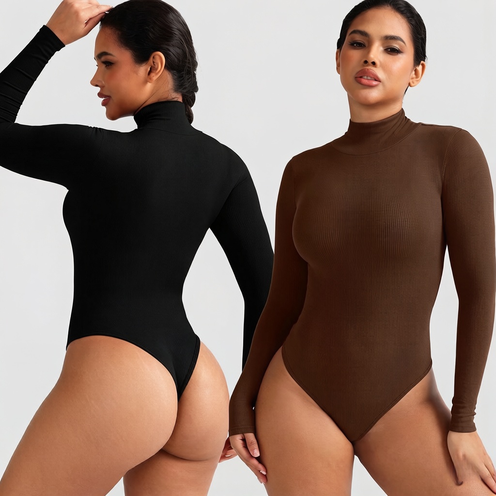 Womens Turtleneck Thong Bodysuit Warm Bodycon High Waist Romper Body Shapewear